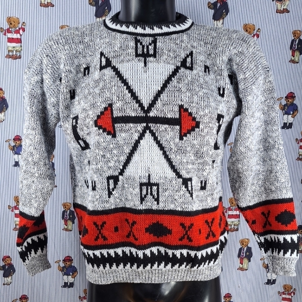 Vintage Adele Knitwear tribal arrows grampa gray & red Med chunky knit sweater